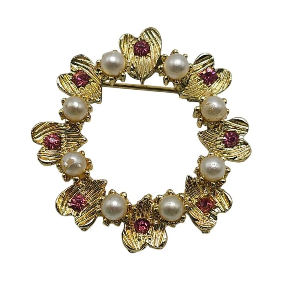 Vintage Gold Tone Heart Wreath Brooch With Faux Pearls Pink Rhinestones